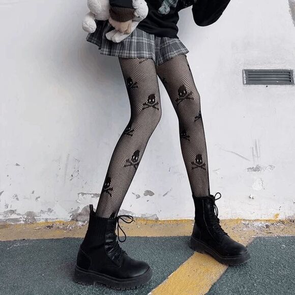 NWOT Skull Print Fishnet Tights - One Size - Picture 1 of 2